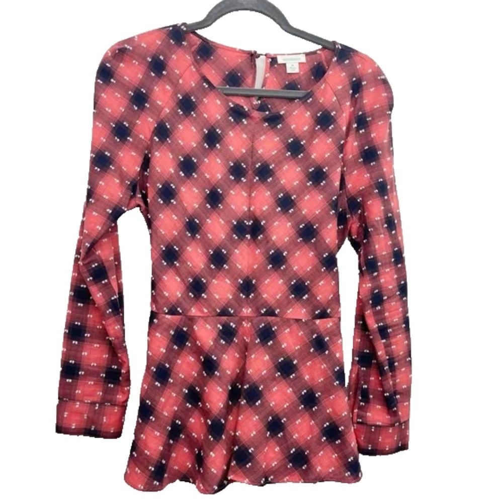Sundance Plaid Peplum Long Sleeve Tie Blouse Size Medium NWOT